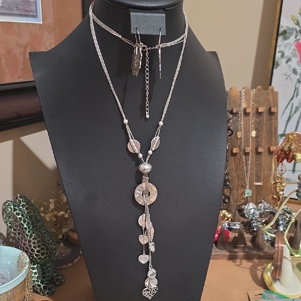 Sterling-Tone Layered Lariat Necklace with Heart & Disc Charms - Silver